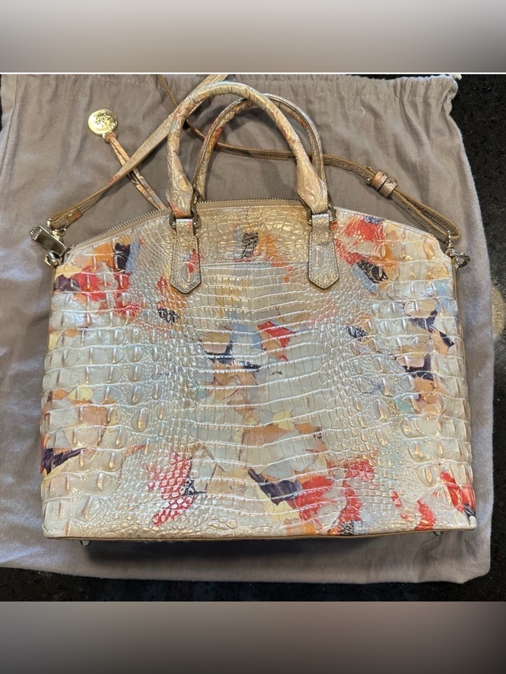 Brahmin Metallic Gold Croc-Embossed Satchel “ Bird of Paradise” Accents